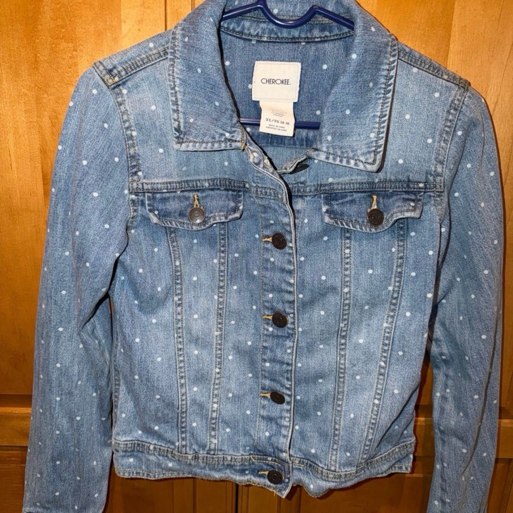 Girls Jean Jacket. Denim & White Polka Dot. Cherokee Size 14/16.